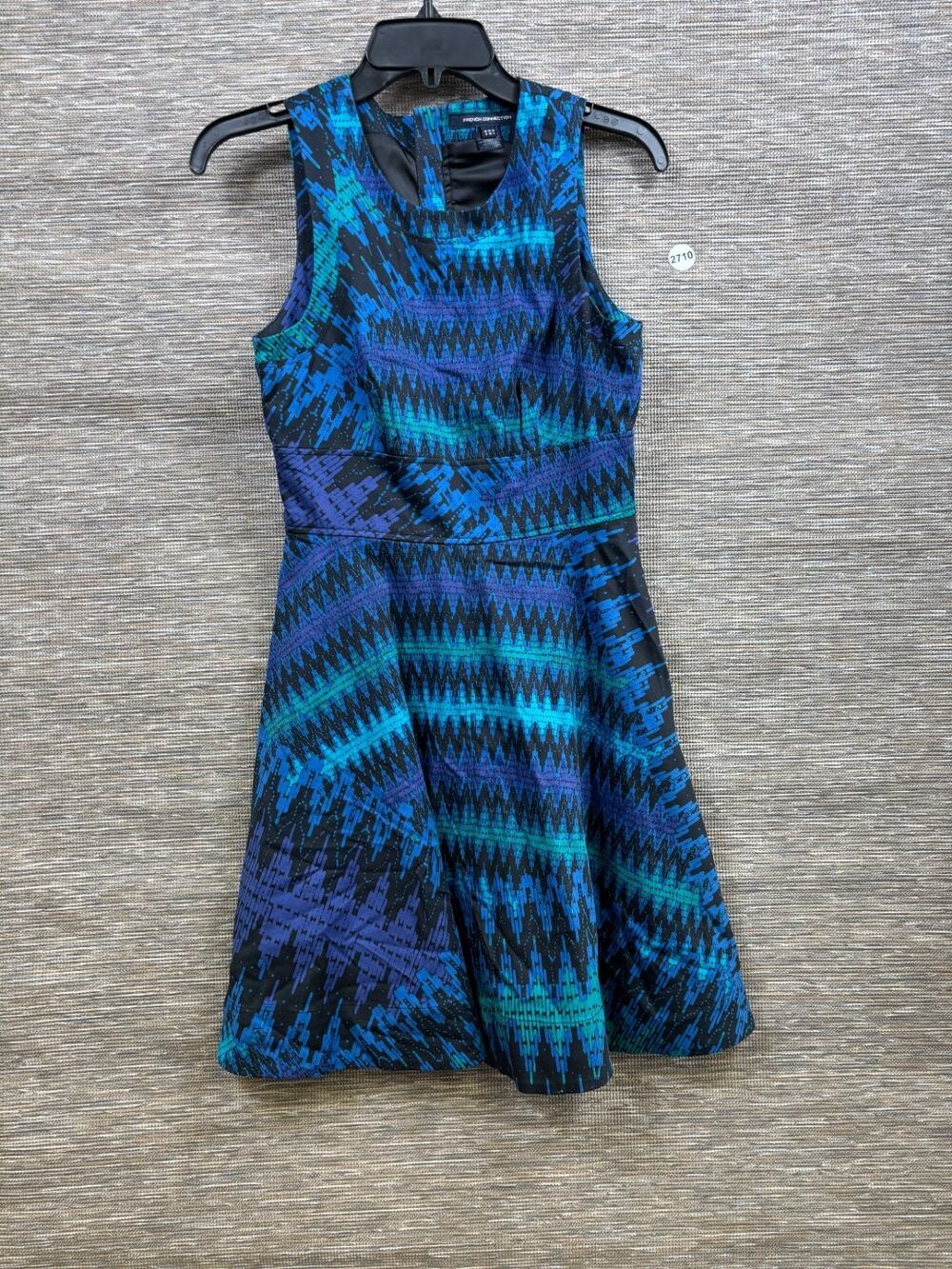 French Connection Fit & Flare Sleeveless Dress Womens 4 Black Blue Purple Print